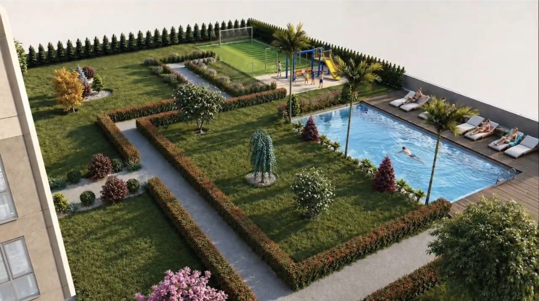 Bursa peyzaj projelendirme: havuzlu site bahçesi için hazırlanan peyzaj projesi görseli