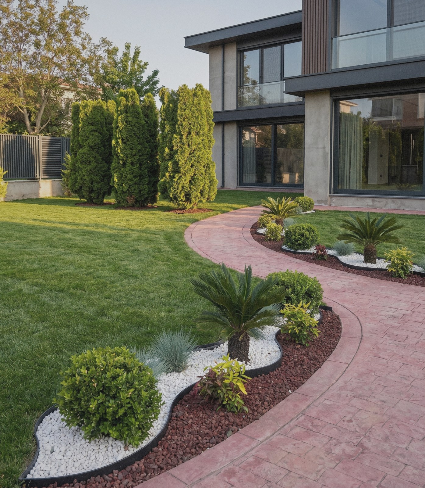 Nilüfer villa bahçesinde baskı beton yürüyüş yolu, sikas ve volkanik taş yatağı